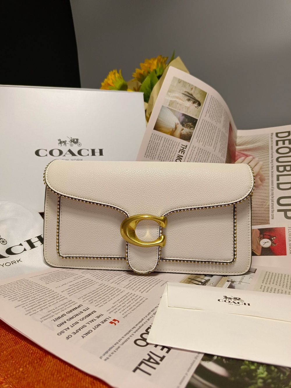 New Coach Bag Cream Pebbled Leather Shoulder Bag with Gold 'C' Hardware